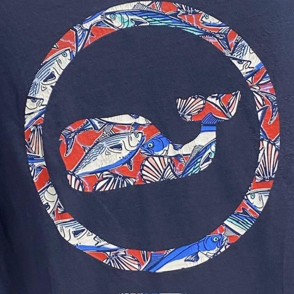 Vineyard Vines Mens L Long Sleeve Pocket T Shirt Fish Whale Graphic Navy(421-5)